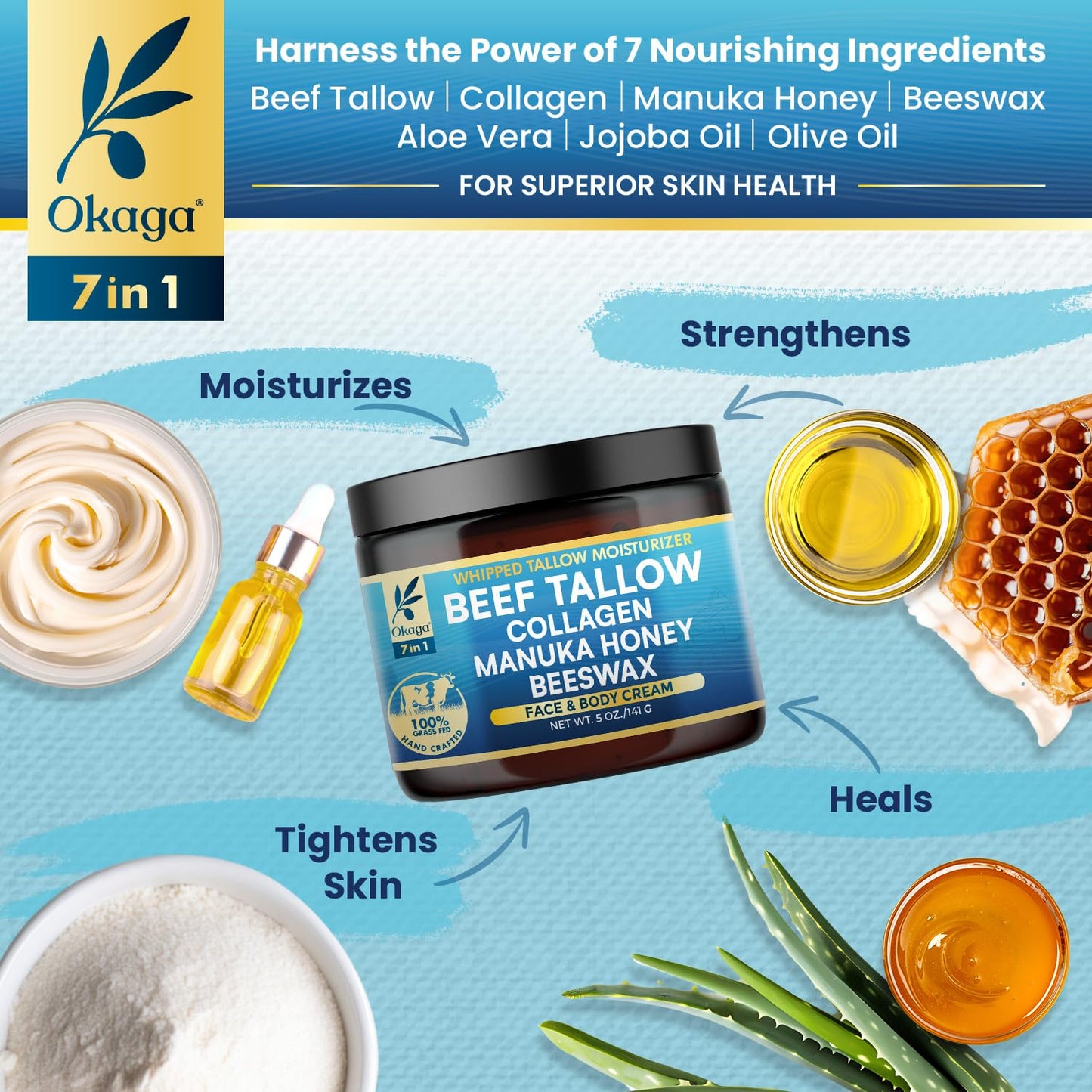 Organic Beef Tallow for Skin, Organic Grass-Fed Beef Tallow Balm with Manuka Honey, Aloe Vera, Jojoba Oil, Collagen & Beeswax, Olive Oil, Moisturizer for Dry Skin, Nourishes Face, Body & Lips (5oz)