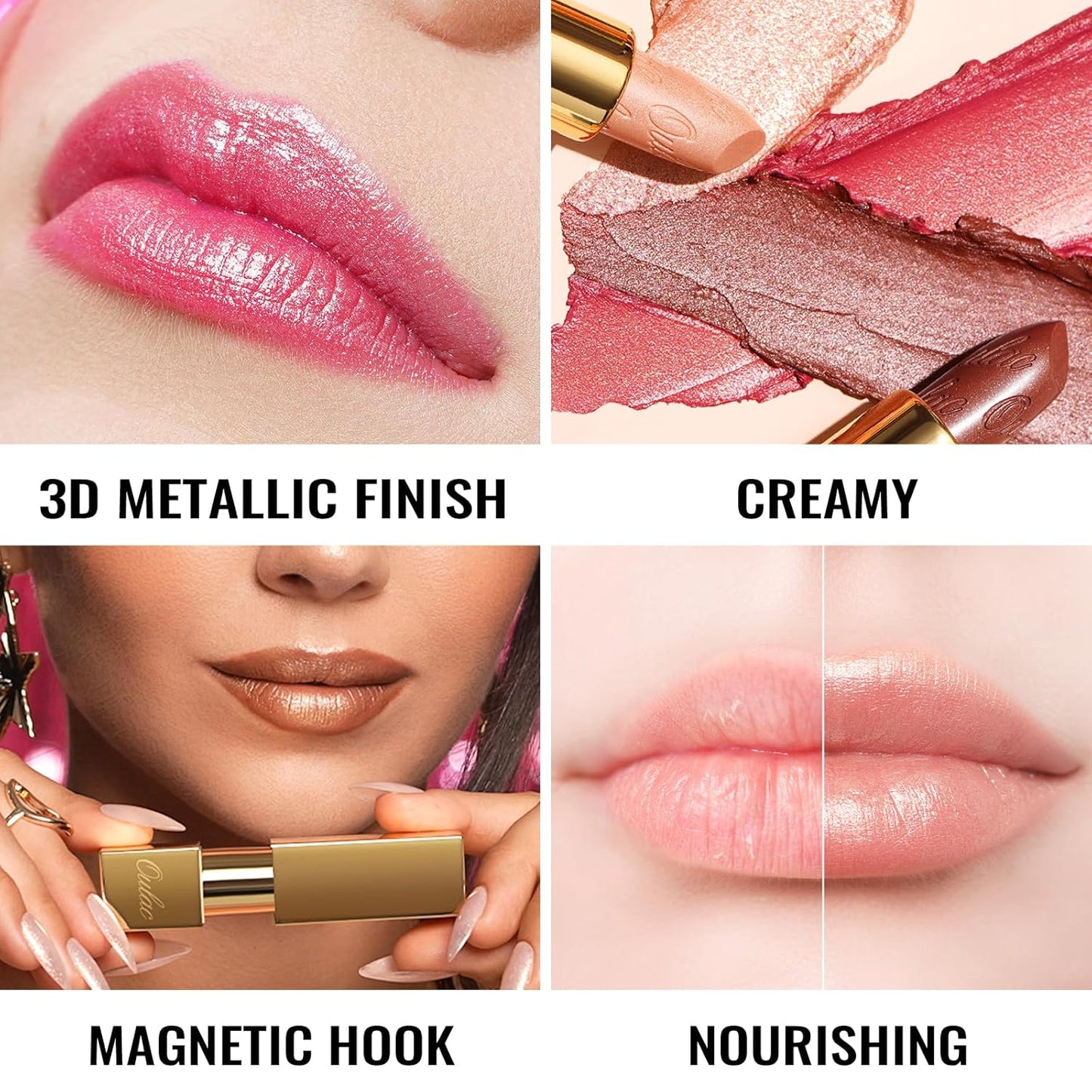 Oulac Nude Lipstick for Women with Metallic 3D Shine Lightweight Hydrating Formula, High Impact Lip Color, Vegan Beauty, Full Coverage Lip Makeup, Christmas Gifts for Women, Pure Envy(07)
