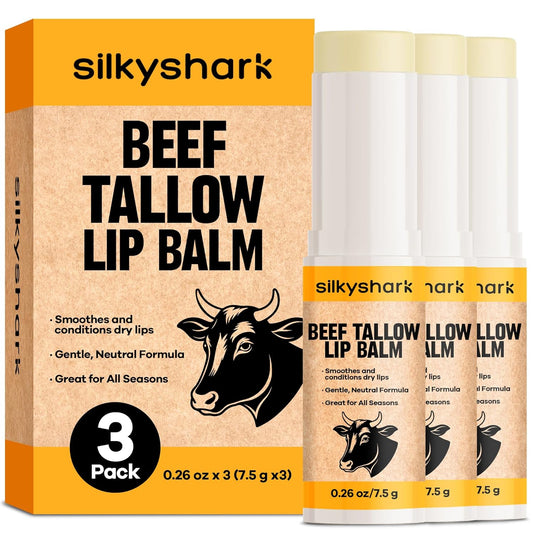 Beef Tallow Lip Balm (3 Pack), Beef Tallow Moisturizer, Tallow Lip Balm Organic, Natural Moisturizing Lip Care with Beeswax & Skin-loving Wax, Unscented Lipsticks for Dry, Chapped Lips