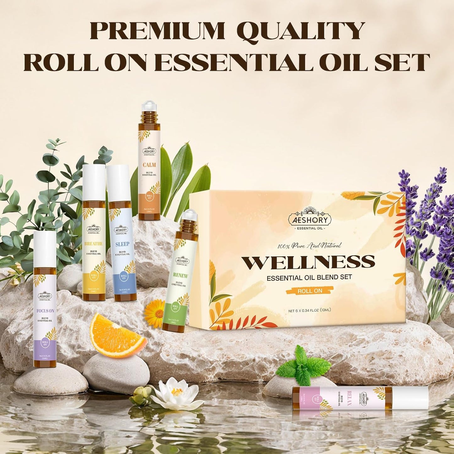 Essential Oils Roll On Set(Calm, Relax, Breathe, Focus on, Sleep, Renew), Natural Aromatherapy Oil Blend Kit with Roller Ball for Massage, Body Skin Care, Home, Relaxation Gift for Women & Men