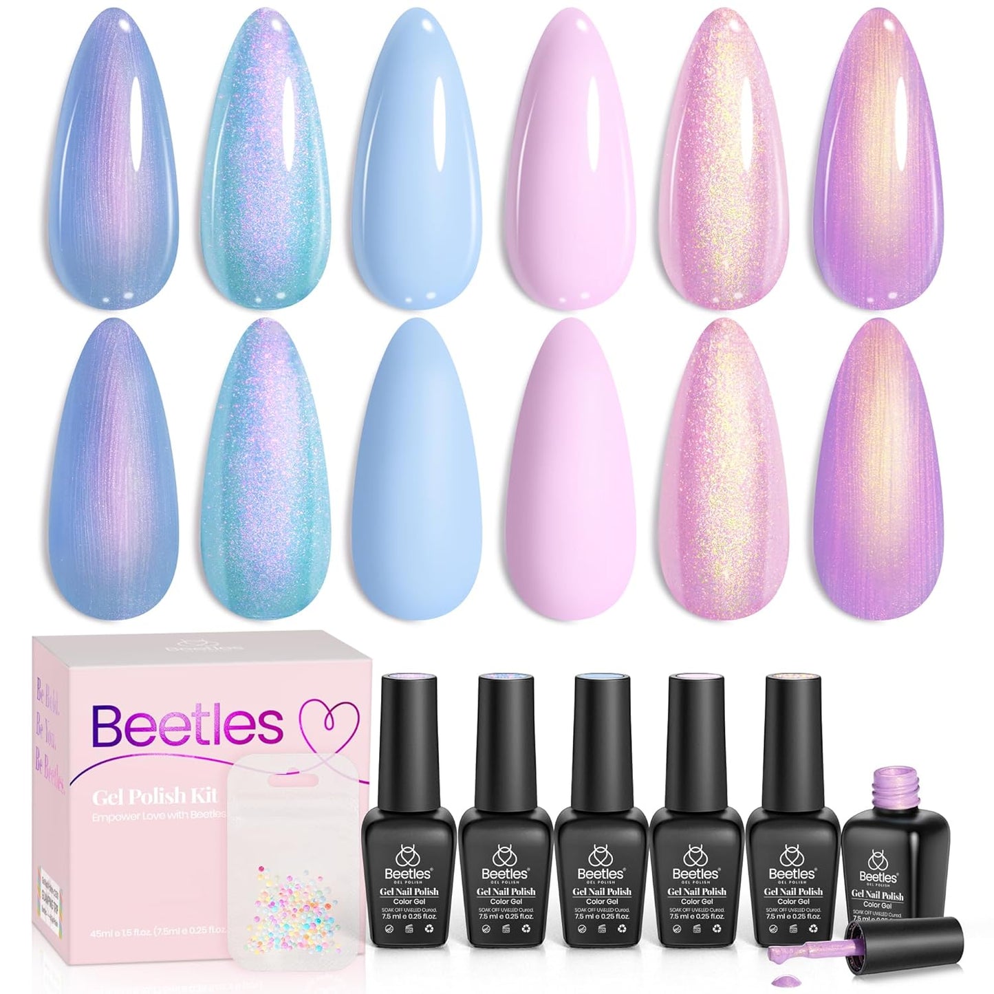 Beetles Shimmer Glitter Gel Nail Polish Set, 6 Colors Pearl Gel Polish Baby Blue Shimmer Baby Pink Glitter Purple Mermaid, Nail Drawing Soak Off Uv Led Swirl Gel Polish Shell Thread Gift for Women