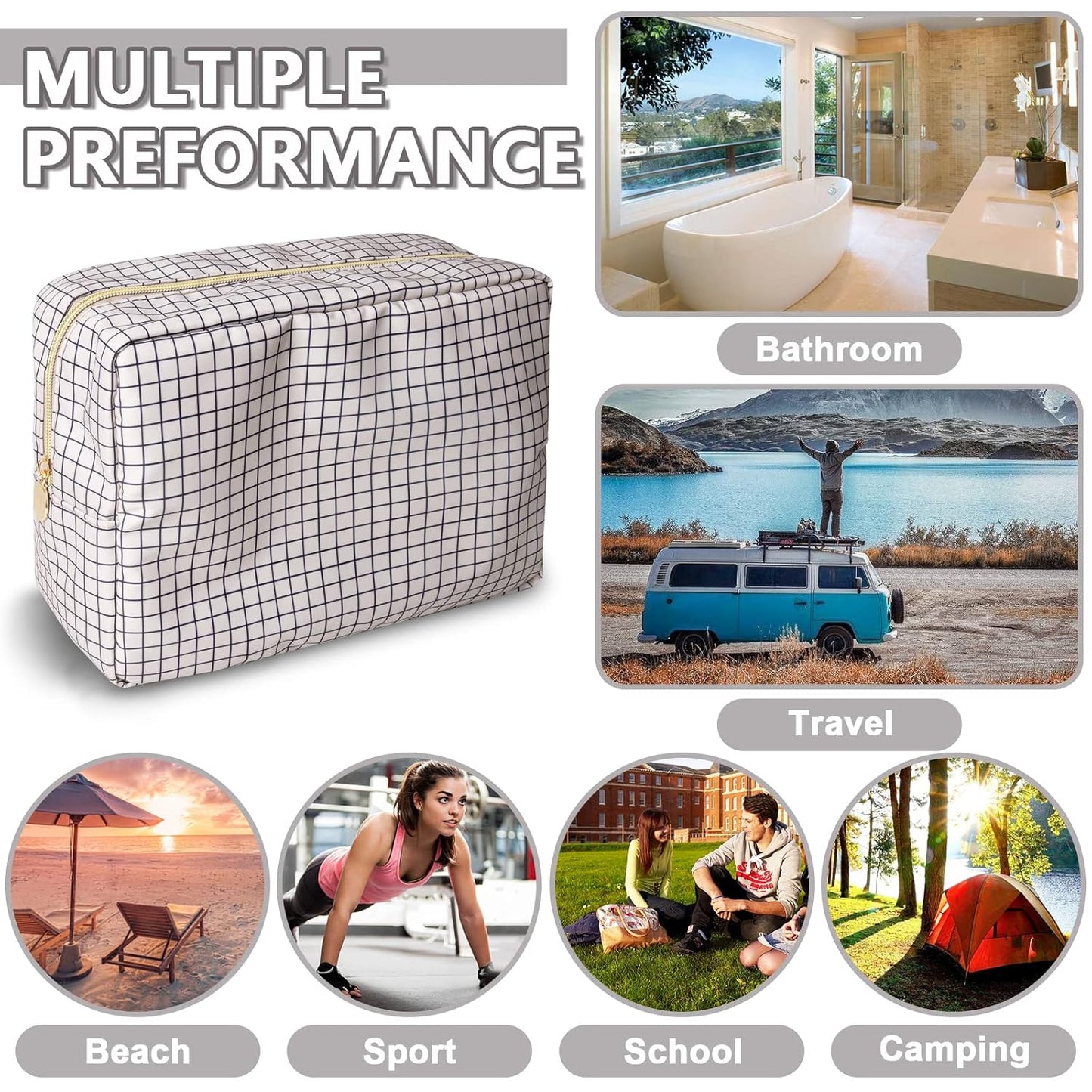 Large Makeup Bag Pouch, Nylon Women Travel Toiletry Storage Bag Checkered Cosmetic Bag for Girls, Big Preppy Makeup Organizer Bag Cute Zipper Pouch Skincare Bag for Sport School Work (Large-Checkered)