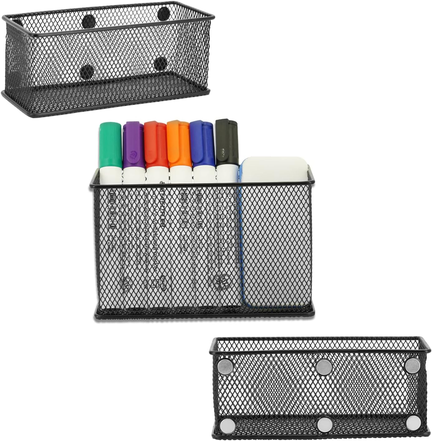 Neudeco Locker Shelf Organizer, Magnetic Pencil Holder, Metal Storage Basket for Whiteboard, Refrigerator, Ideal Cabinet for School, Black (Pack 3M)