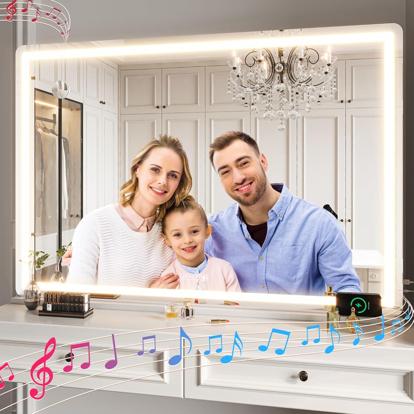 Hasipu Vanity Mirror with Lights and Bluetooth Speaker, 55.1" x 35.8" LED Makeup Mirror, Lighted Makeup Mirror with Dimmable 3 Modes, Touch Screen Control Vanity Mirror Round White