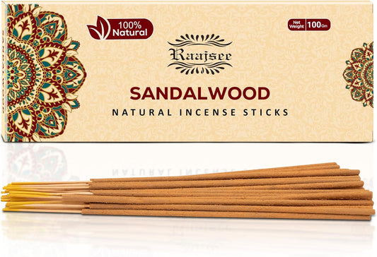 Raajsee Sandalwood Incense Sticks 100 Gm Pack-100% Pure Organic Natural Hand Rolled Free from Chemicals-for Church,Aroma Therapy,Relaxation,Meditation & Sensual Therapy