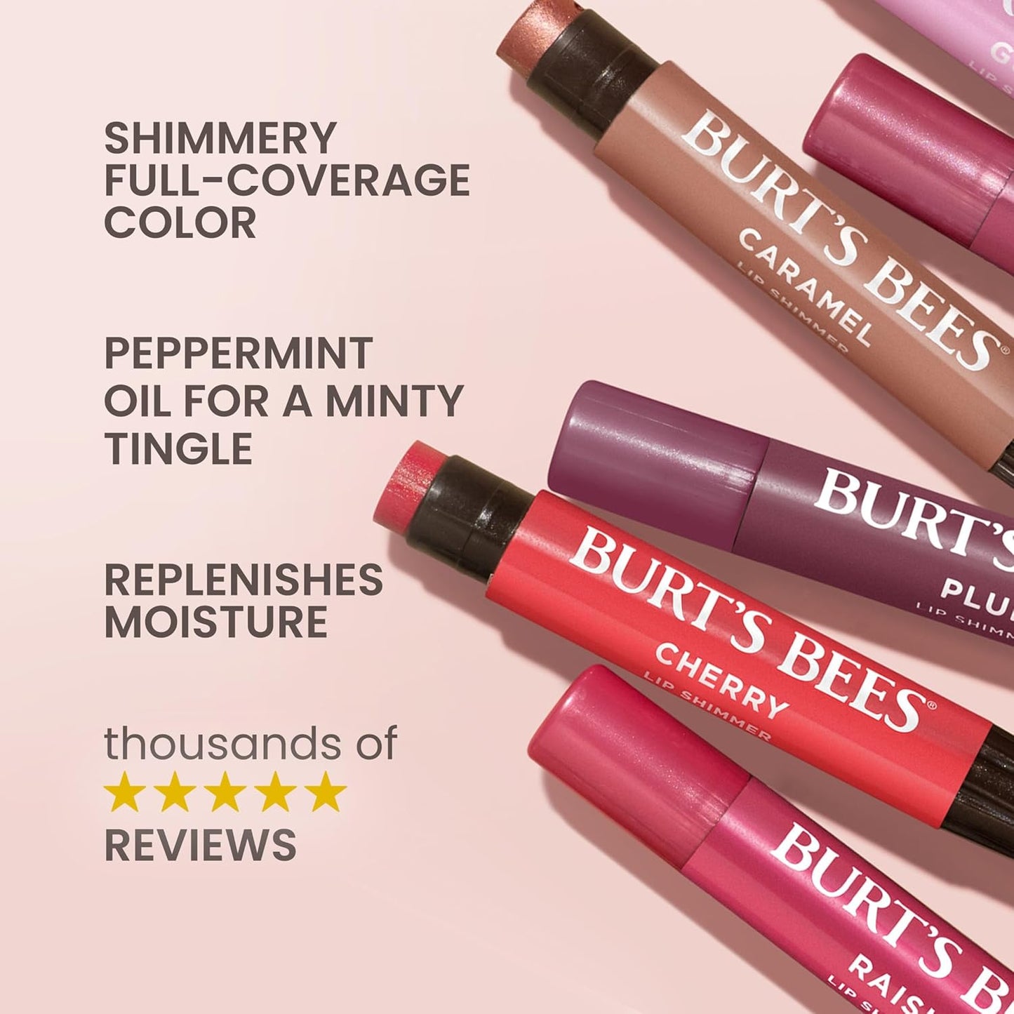 Burt's Bees Shimmer Lip Tint Set, Tinted Lip Balm Stick, Moisturizing for All Day Hydration with Natural Origin Glowy Pigmented Finish & Buildable Color, Caramel (4-Pack)