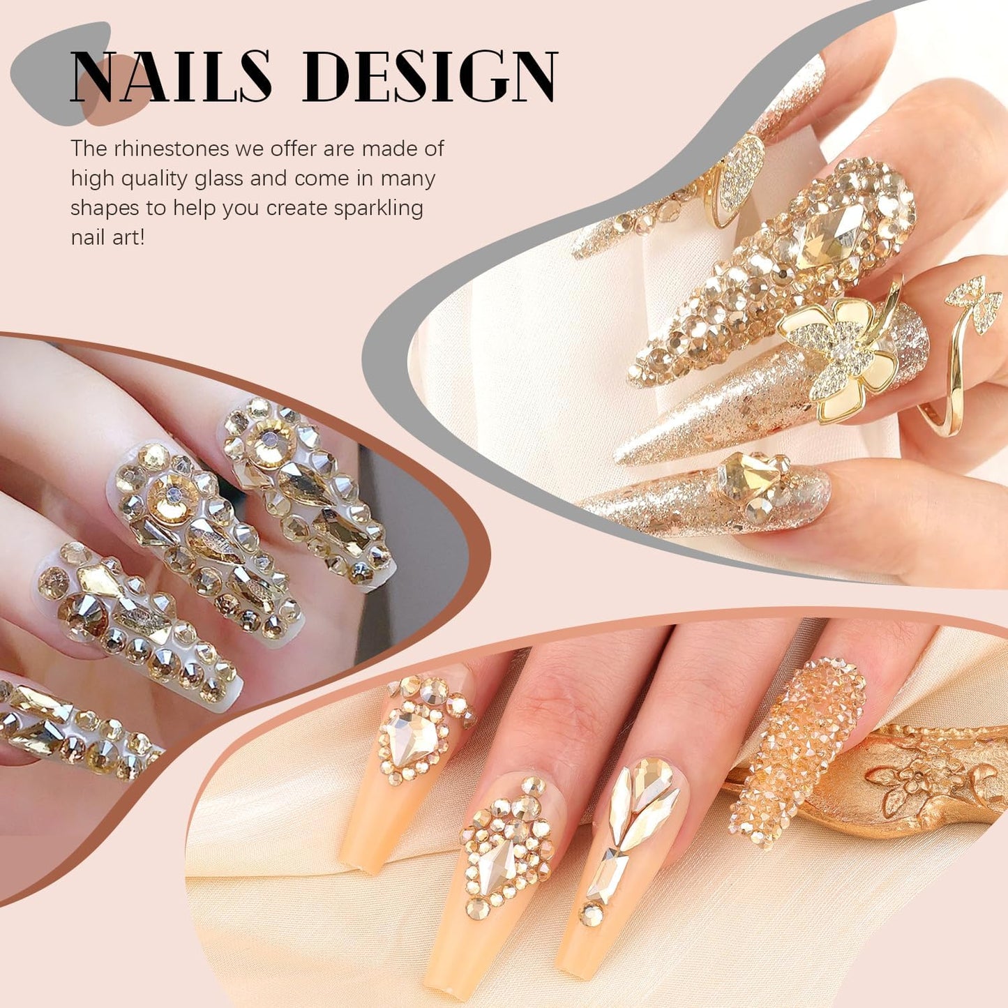 2680Pcs Champagne Gold Glass Nail Rhinestones 120Pcs Multi Shapes Flatback Nail Gems +2560Pcs 1.5-4mm Round Crystal, Manicure Nail Charms Diamond Gemstones for Acrylic Nails Decoration