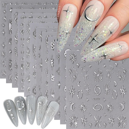 12 Sheets Silver Nail Art Stickers Decals Star Moon Nails Stickers for Nail Art Self-Adhesive Snake Nails Decal