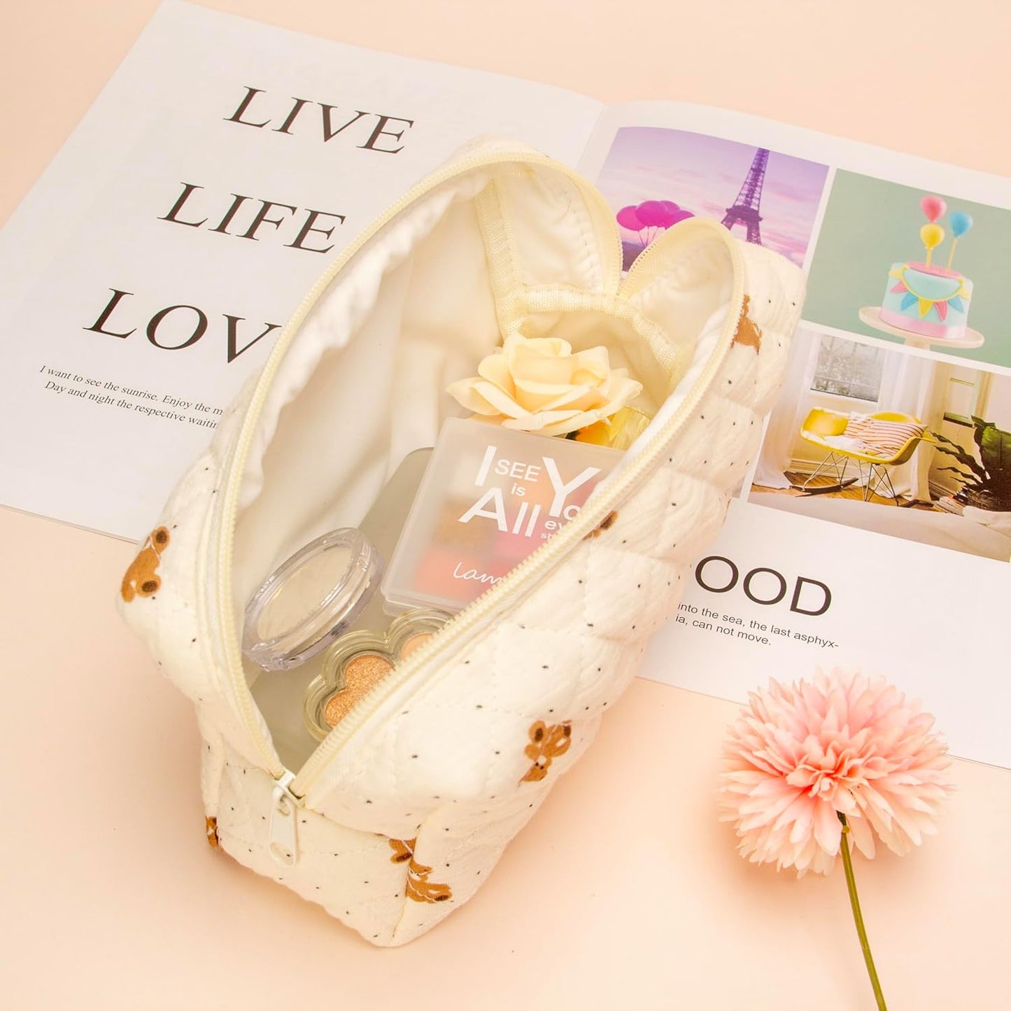 PAZIMIIK 6PCS Vintage Quilted Makeup Bag SET Cosmetic Pouch for Brushes Pencils and Travel Make Up Accessories for Women and Girls Bear Beige