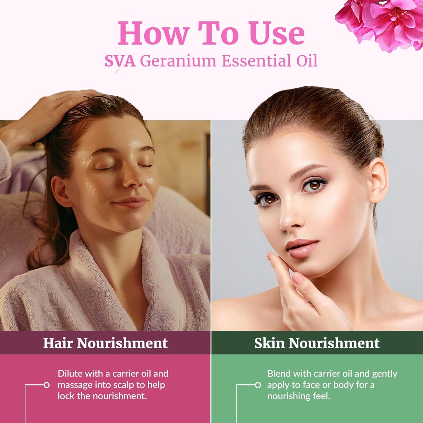 SVA Geranium Essential Oil Organic – 1 Fl Oz – 100% Natural Organic Geranium Oil - for Diffuser, Hair Care, Face, Skin Care, Aromatherapy, Scalp and Body Massage, Soap and Candle making – with Dropper