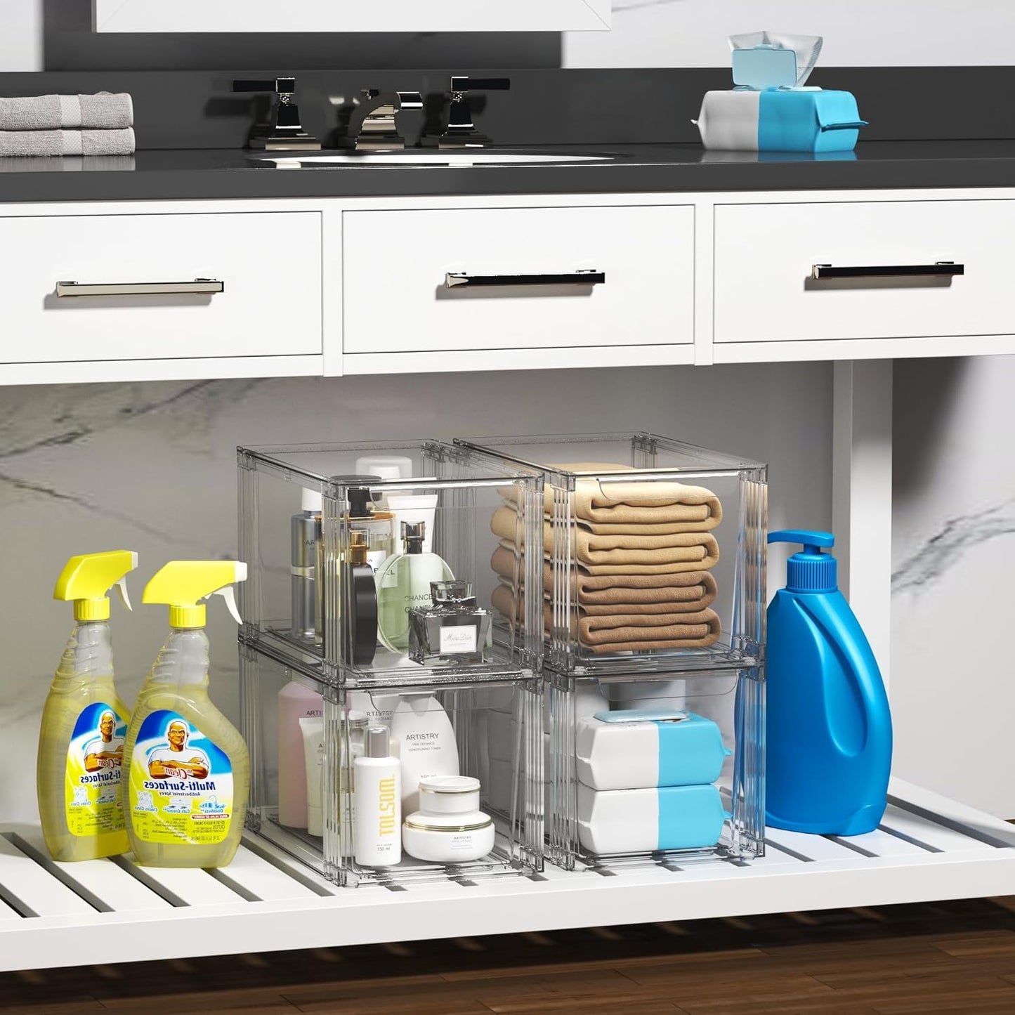 Stackable Kitchen Storage Drawers,Clear with Handles Acrylic Bathroom Makeup Organizer Bins,Easily Assemble,For Vanity, Undersink, Kitchen Cabinet,Pantry Organization and Storage (2Pack)