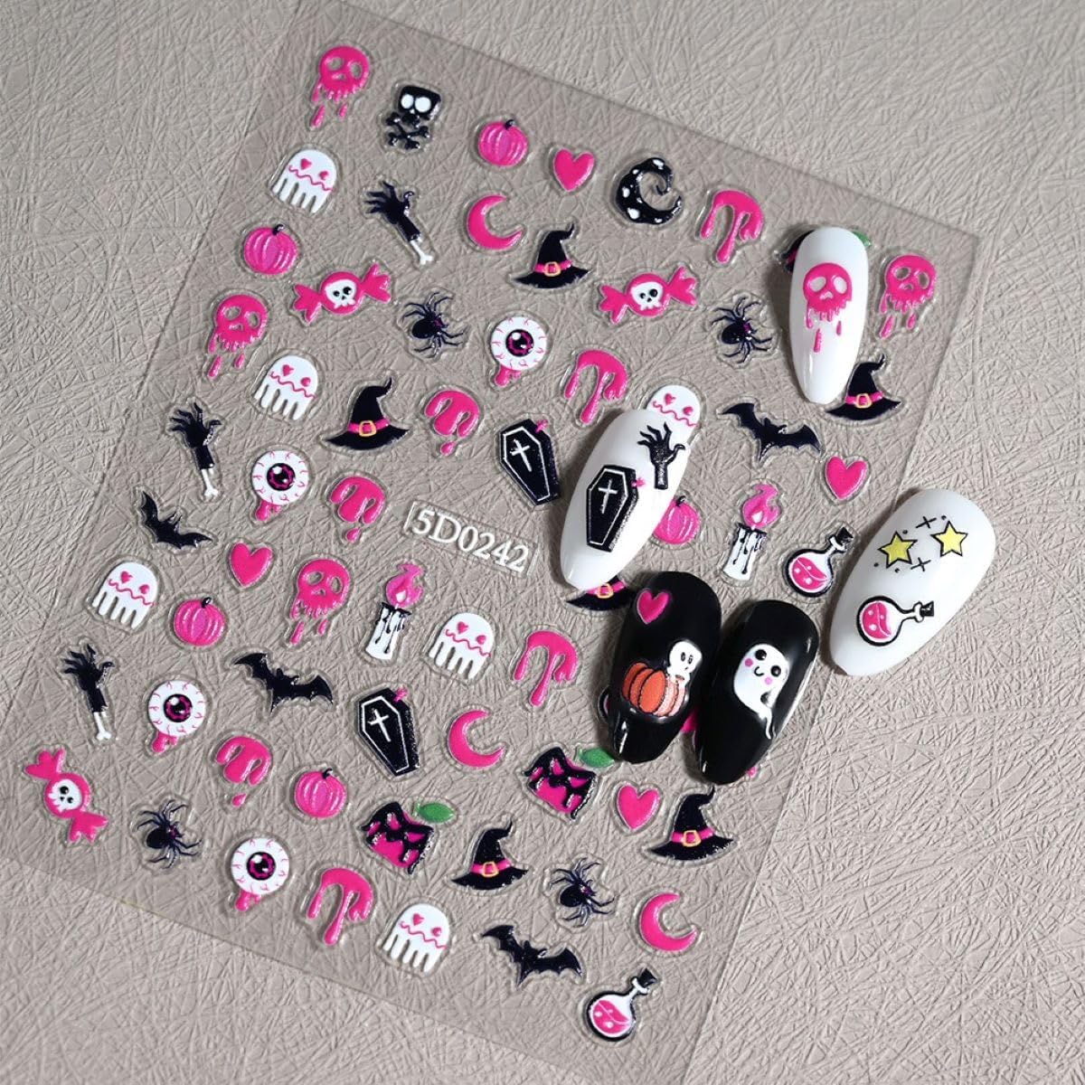 6 Sheets Halloween Nail Art Stickers Pumpkin 5D Embossed Nail Decals Ghost Nail Stickers Self Adhesive Bat Skull Nail Art Supplies for Women Girls DIY Manicure Nail Art Decorations