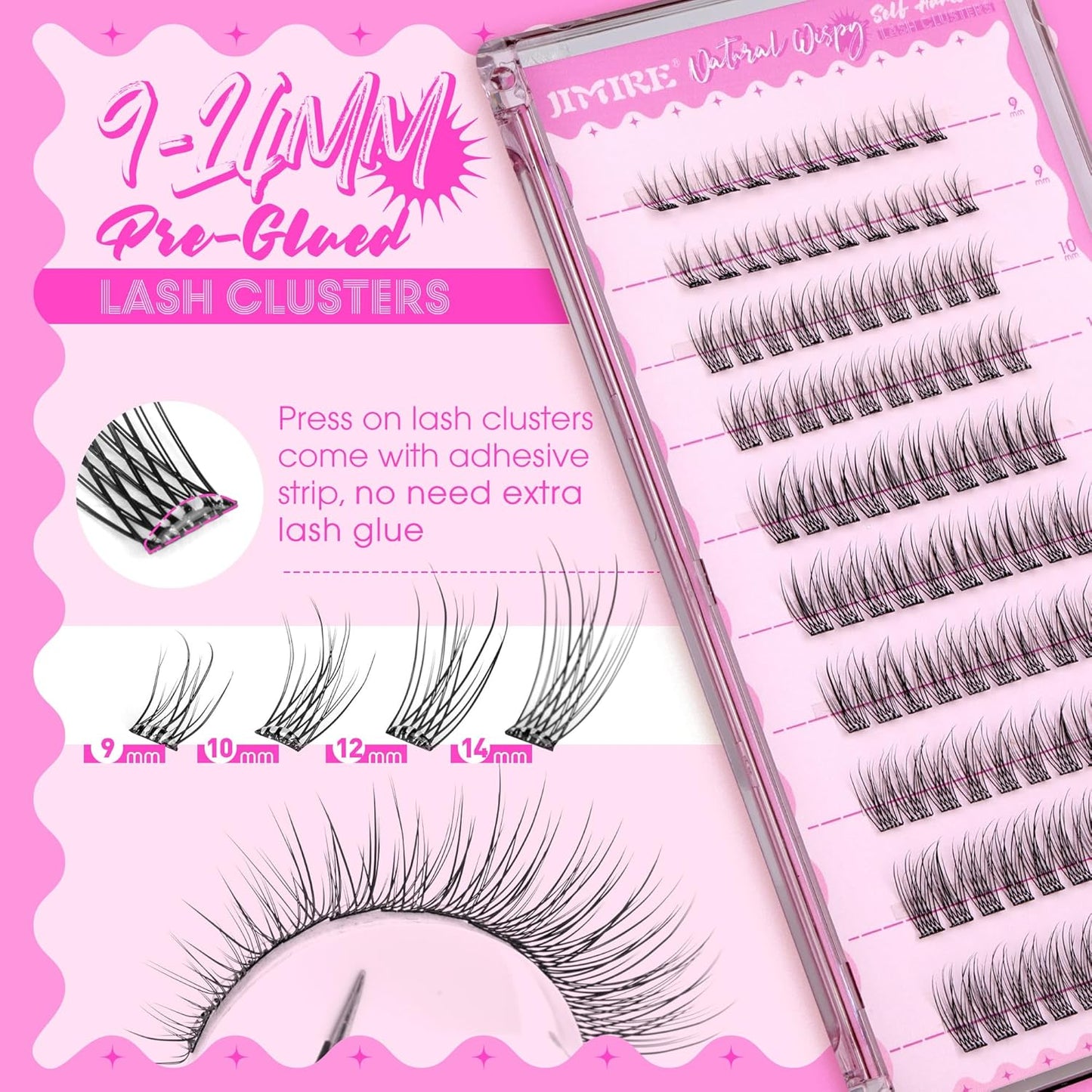 JIMIRE Self Adhesive Eyelashes Natural Look 9-14MM Wispy Pre Glued Lash Clusters No Glue Needed Press on Lashes Clusters Reusable Self Adhesive Eyelash Clusters Easy to Apply