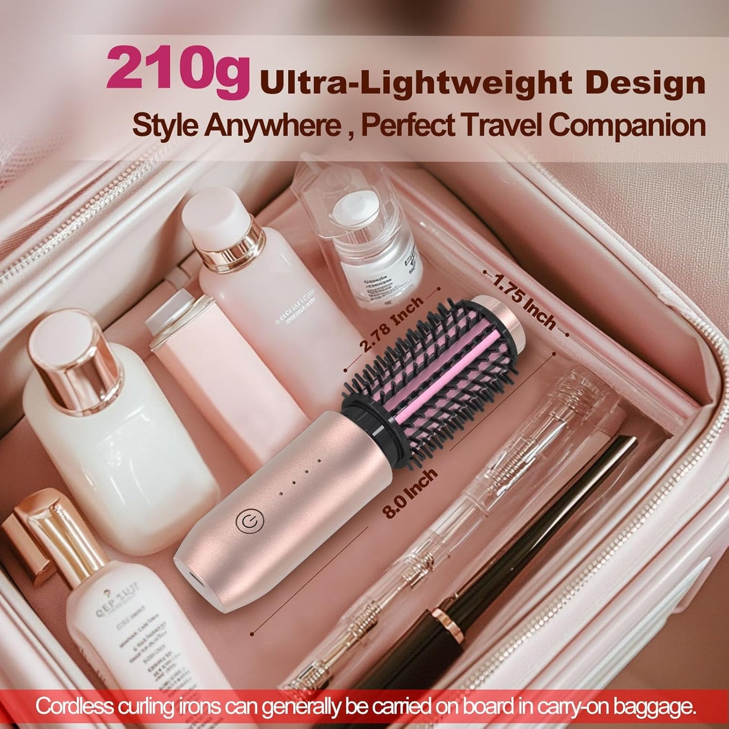 Cordless Hair Curling Iron Brush, Mini Travel Hot Straightener Comb, 3-in-1 Portable Wave Curling Wand, 1.5″ Ionic Heated Brush, USB Rechargeable Hair Curler, Pink – No Automatic Rotation