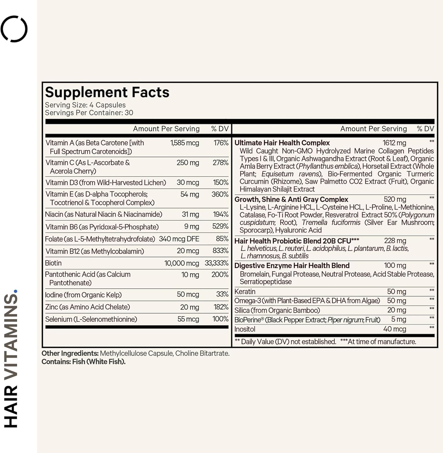 Codeage Hair Vitamins 10000 mcg Biotin, Keratin, Collagen, Vitamin A, B12, C, D3, E, Zinc, Turmeric, Probiotics, Enzymes, Inositol - Hair Care Support - Healthy Hair Supplement Pills - 120 Capsules