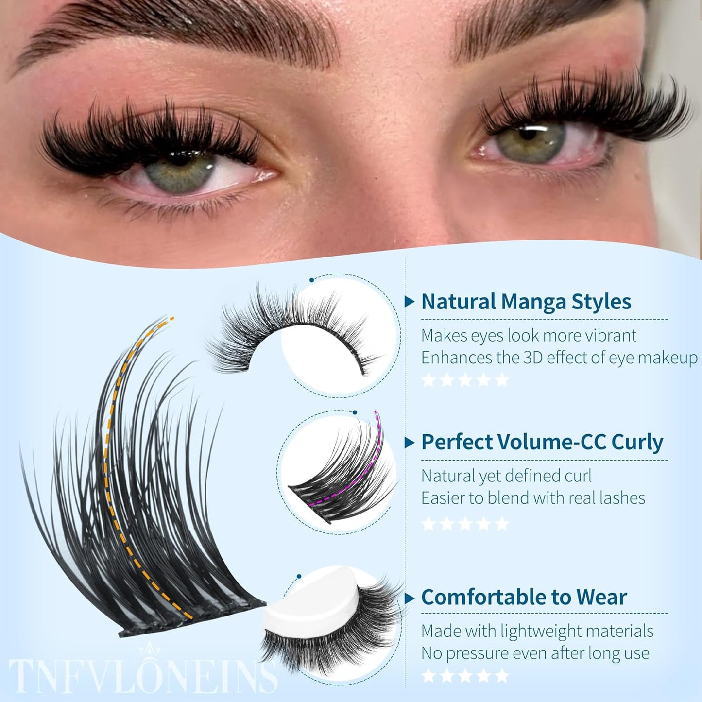 TNFVLONEINS Manga Lash Clusters Wispy Eyelash Clusters with Spikes Natural Individual Lashes Cluster DIY Anime Cluster Eyelash Extensions