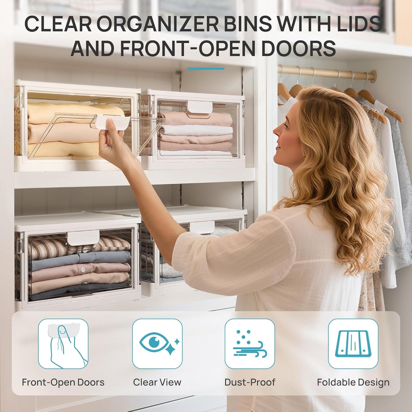 Vtopmart 8 Pack Stackable Storage Bins with Lids,24QT Clear Foldable Closet Organizer with Front-Open Doors,Plastic Storage Containers for Living Room, Bedroom, Craft Room, Dorm Organization