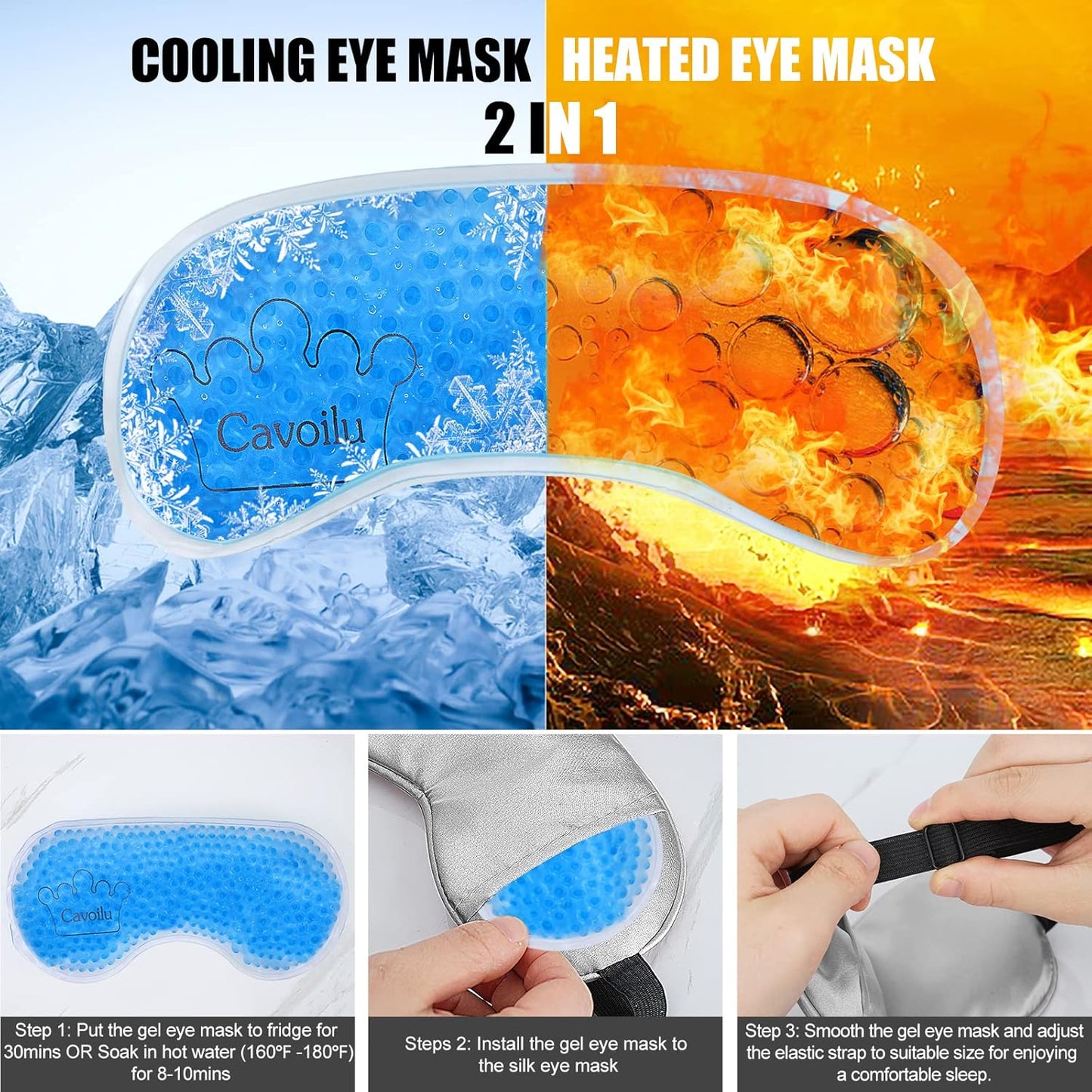 Sleep Mask w/ Cooling Gel Eye Mask, Silk Eye Mask for Sleeping, Hot & Cold Eye Masks, Blindfold Eye Cover Sleeping Mask for Home Office Travel, Yoga, Stocking Stuffers for Men Women (Grey)