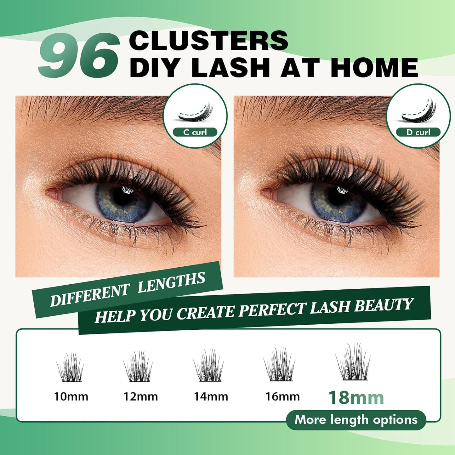 KEYYOU Volume Wispy Lash Extension 96pcs Individual D Curl 16mm Brown Eyelash Clusters Soft&Comfortable Easy DIY at Home