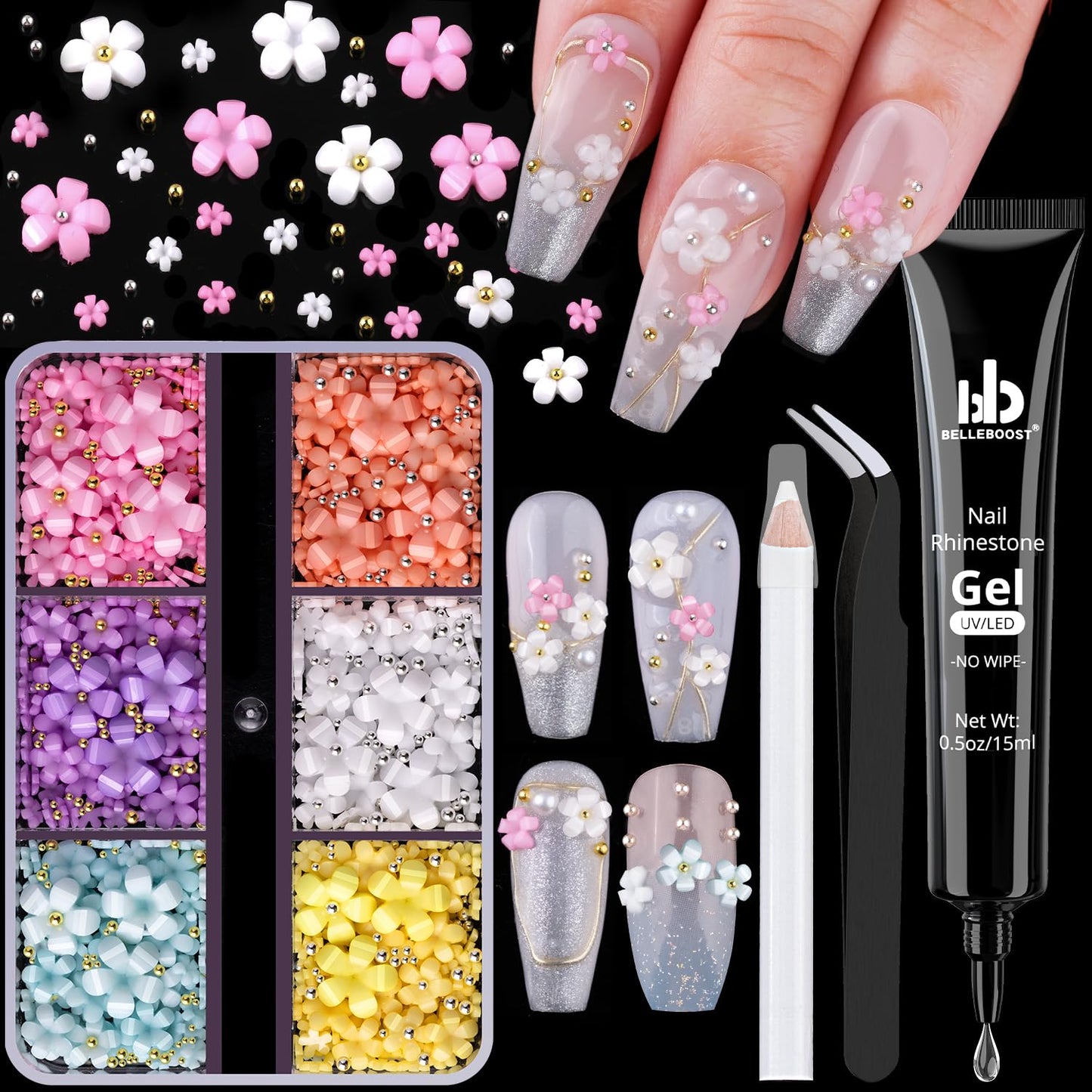3D Flowers, Manicure Kit with Rhinestone Glue Gel, Colorful Acrylic Flower Nail Charms with Caviar Beads, Rhinestones for Nails with Gem Glue (UV/LED Needed) with Pickup & Dotting Tools