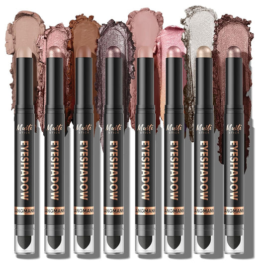 LANGMANNI 8Colors Dual-Ended Eyeshadow Stick Set – Silky Smooth, Waterproof & Transfer-Proof, Built-in Blender Brush, All-Day Matte & Shimmer Wear Eye Makeup(#A)