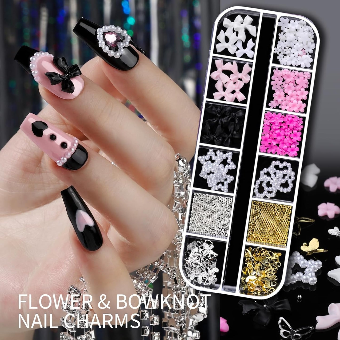 Teenitor Nail Charms and Gems Nail Art Tools, 6 Boxes 3D Nail Gems with 15 Sheets Nail Stickers for Nail Art, Flower Nail Stickers Nail Rhinestones Nail Supplies, Nail Pearls Nail Stuff Nail Decor