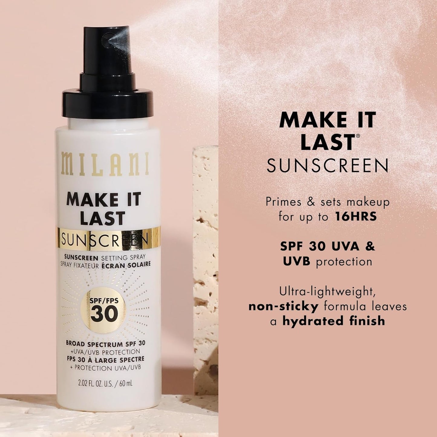 Milani Sunscreen Setting Spray + Primer, Make It Last Sunscreen for Face- SPF 30 UVA & UVB Protection Antioxidant Rich Formula for Broad Spectrum Protection, Prime + Set + Protect, 2.02Fl. Oz