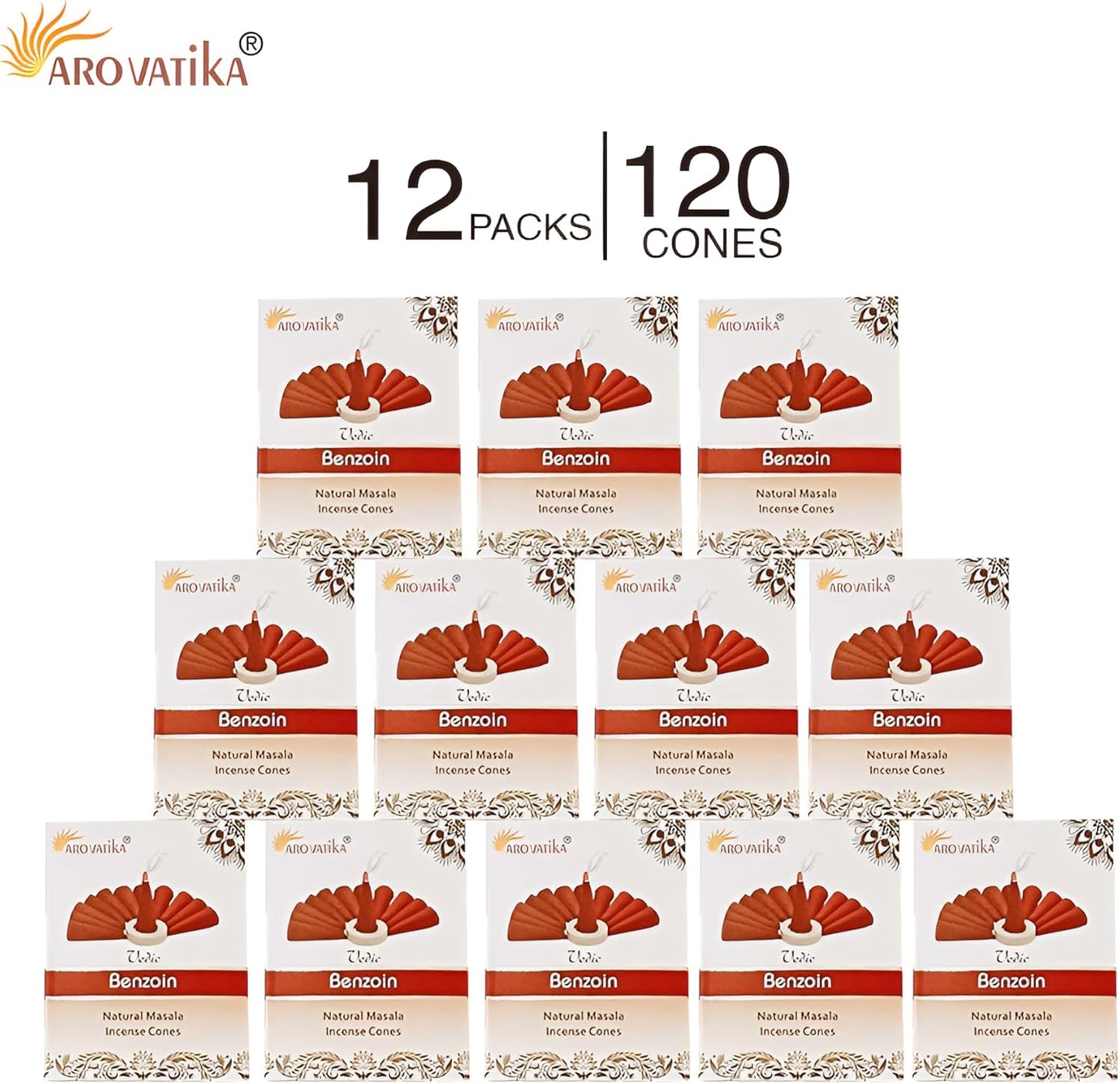 ARO VATIKA Vedic Benzoin Natural Masala 120 Incense Cones in Pack of 12 Boxes | Environment-Friendly Dhoop | Best for Prayer, Reiki, Meditation & Relaxation | Burn time- 25 mins