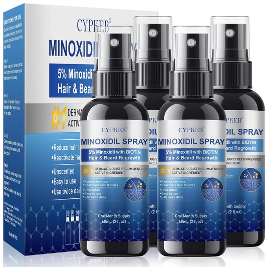 5% Minoxidil Spray for Men and Women, Infused with Biotin, Hair and Beard Regrowth Treatment, Extra Strength Treatment to Combat Hair Loss and Thinning, 4 Month Supply, 4 Bottles