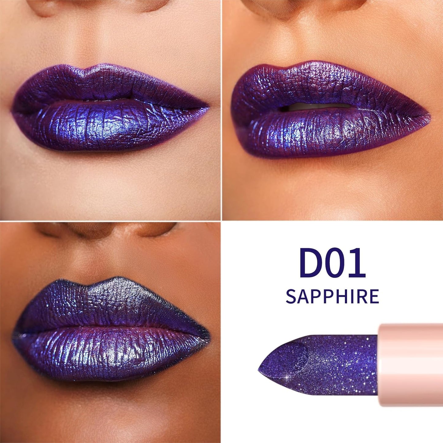 Oulac Blue Purple Glitter Lipstick, Infinity High Shine Finish, Hydrating Lip Color Infused with Damask Rose Oil for All-Day Comfort, Gluten-Free Vegan Beauty, D01 Sapphire
