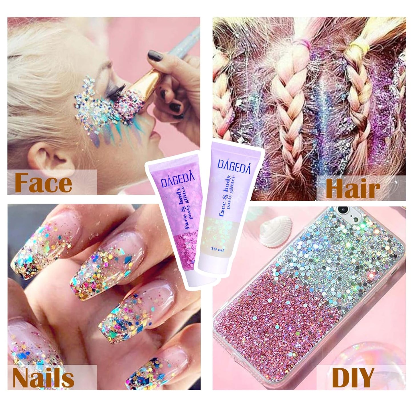 DAGEDA Body Glitter Gel, Face Glitters Body Gel Sequins Shimmer Liquid Eyeshadow, Chunky Glitter for Face Hair Nails, Holographic Cosmetic Laser Powder Festival Makeup 50ml(Pink)