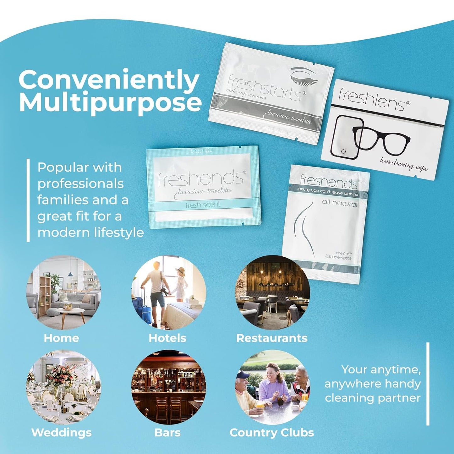 Freshends Flushable Individually Wrapped Wipes – 50 Bulk Pack Luxurious Towelettes, Guest Bathroom Essentials for Weddings, Restaurants, Bars & Clubs – Grey, Travel-Size, Disposable