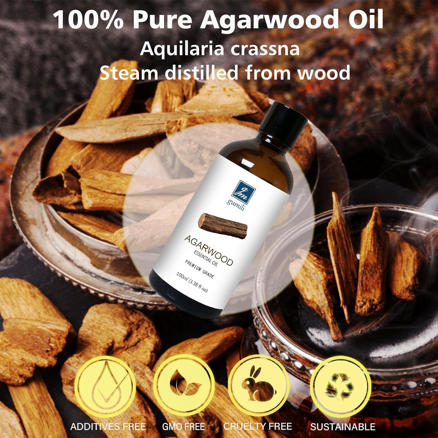 Agarwood Essential Oil 3.38oz/100ml, Pure Qud Oil for Relaxation, Meditation, SPA, Aromatherapy Diffuser