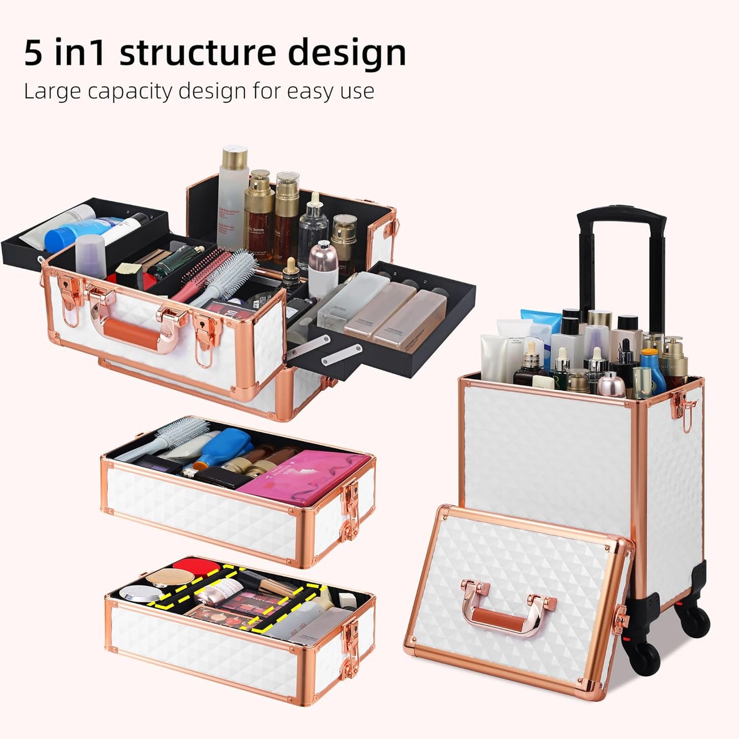 Rolling Makeup Case, Makeup Train Case with Lid, 5 in 1 Cosmetology Case on Wheels, Christmas Gift, Large Makeup Organizers, Profesional Cosmetic Case for Salon Barber, White Gold