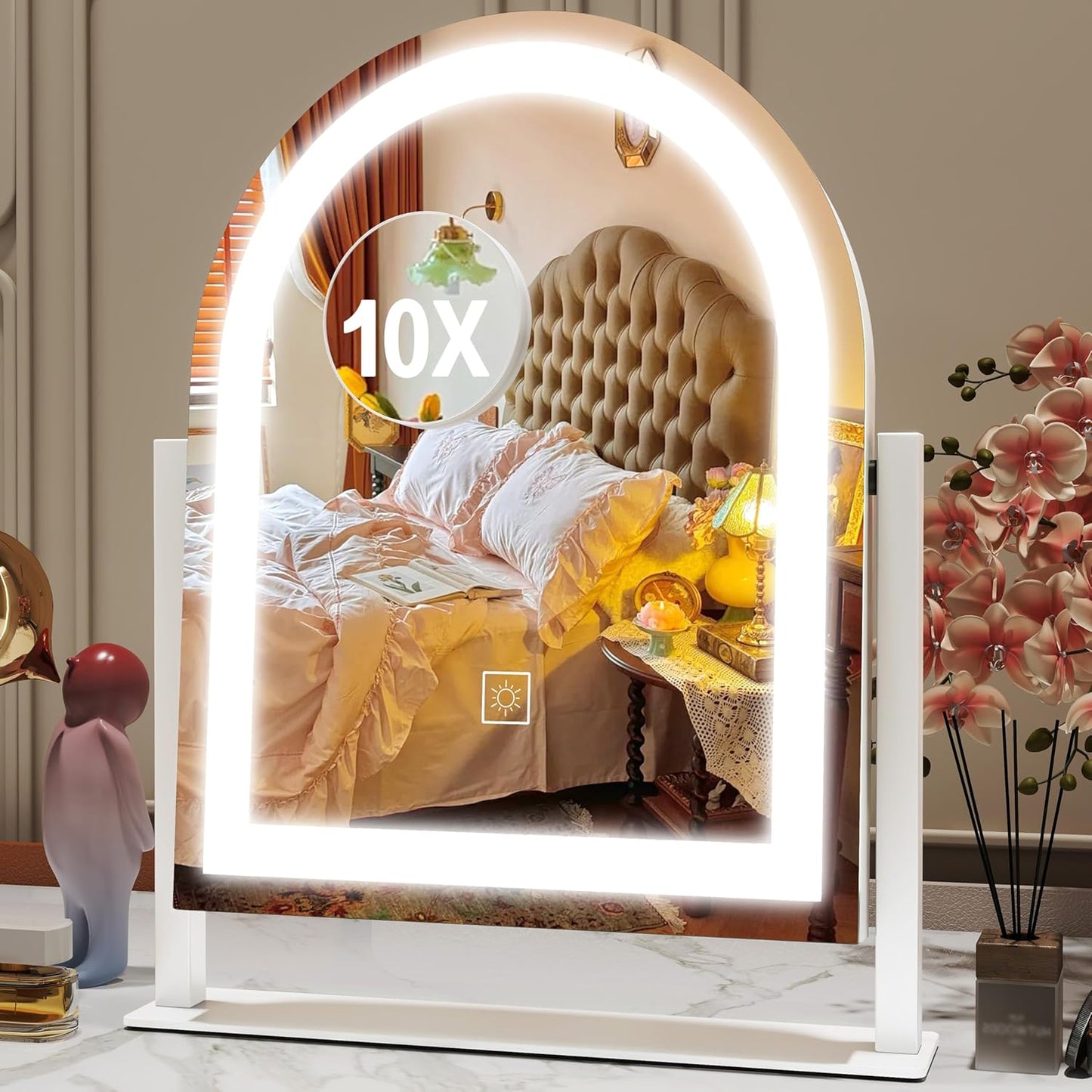 Lighted Makeup Mirror with 3-Color Dimmable Lighting, with Removable 10x Magnifier, Smart Touch Control, 360° Rotation, 15" x 13" Hollywood Vanity Mirror for Tabletop or Desk (White)