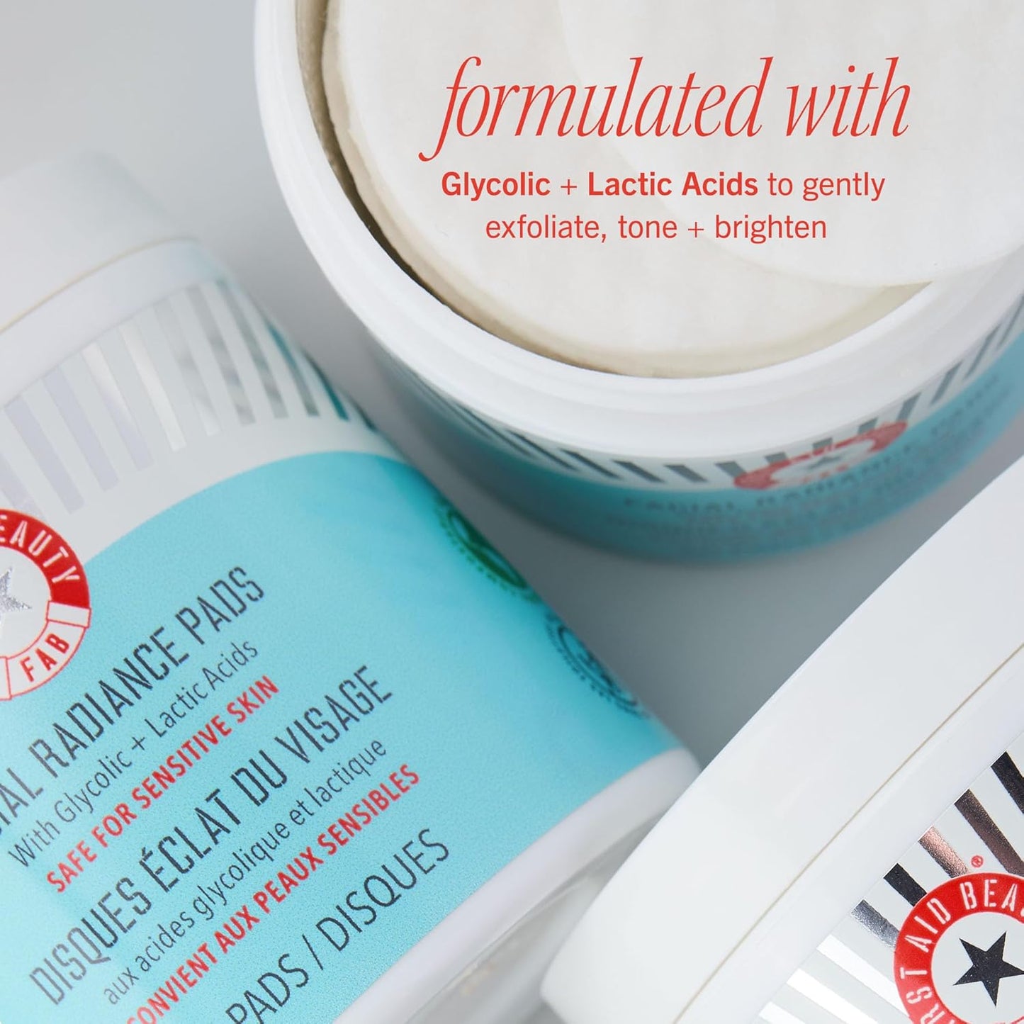 First Aid Beauty - Facial Radiance Pads with Glycolic & Lactic Acids, Daily Exfoliating Pads with AHA that Help Tone & Brighten Skin, One-Step Makeup Prep, Compostable for Daily Use, 60 ct