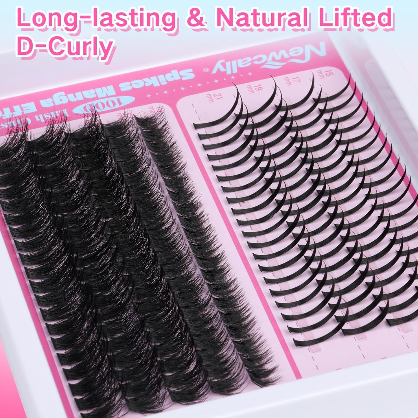 Lash Extension Kit with Lash Remover 100D Volume Spike Lash Clusters Kit D-curly Eyelash Extension Kit Manga Eyelash Clusters 10-21MM Individual Lashes Kit by Newcally