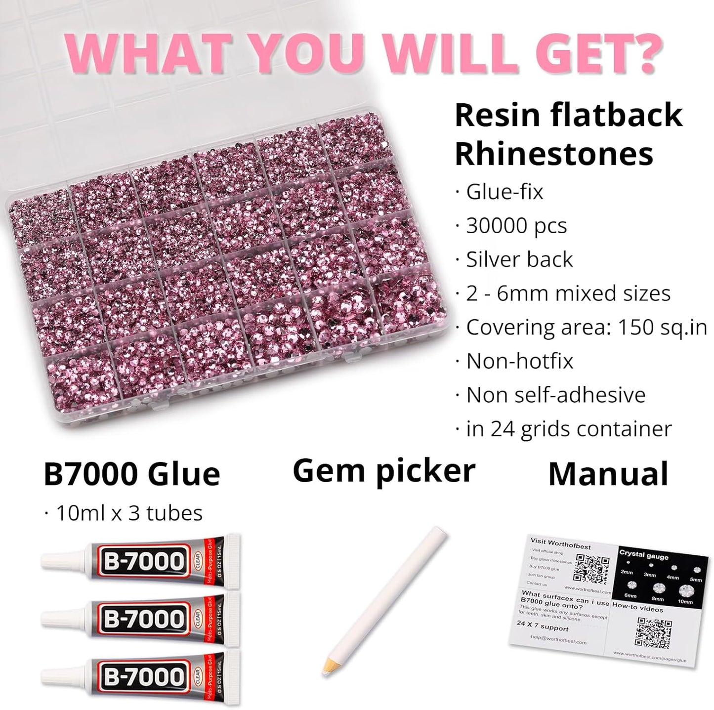 30000Pcs Resin Rhinestones Set for Crafting Bedazzling, Pink Flatback Gems Jewels for Crafts Clothes Shoes Fabric Outfit Nails Makeup, Flat Back Light Pink Crystal 2-6mm with b 7000 Glue
