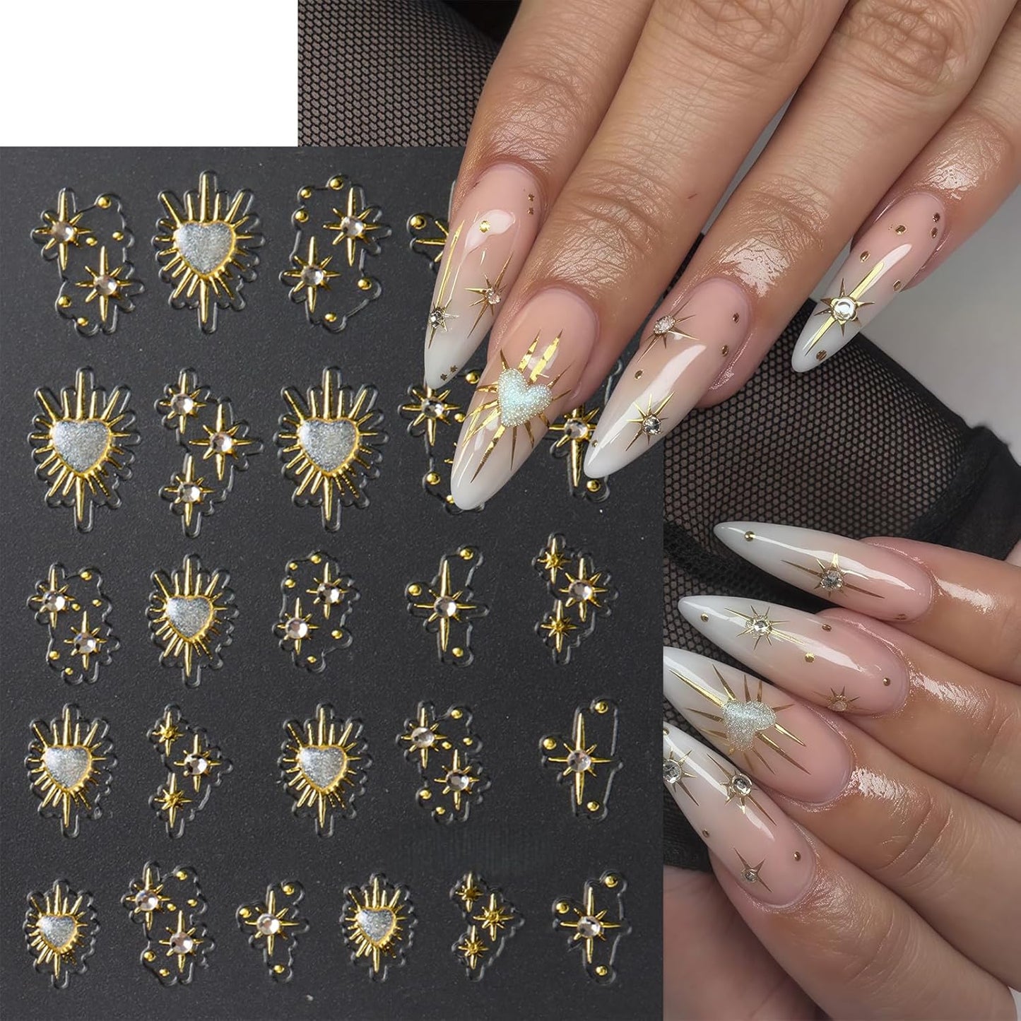 3 Sheets Star Nail Stickers for Nail Art 5D Embossed Gold Nail Decals with Heart Rhinestones Star Design Manicure Supplies Aurora Heart Metallic Star Nail Art Stickers for Women DIY Decor Accessories