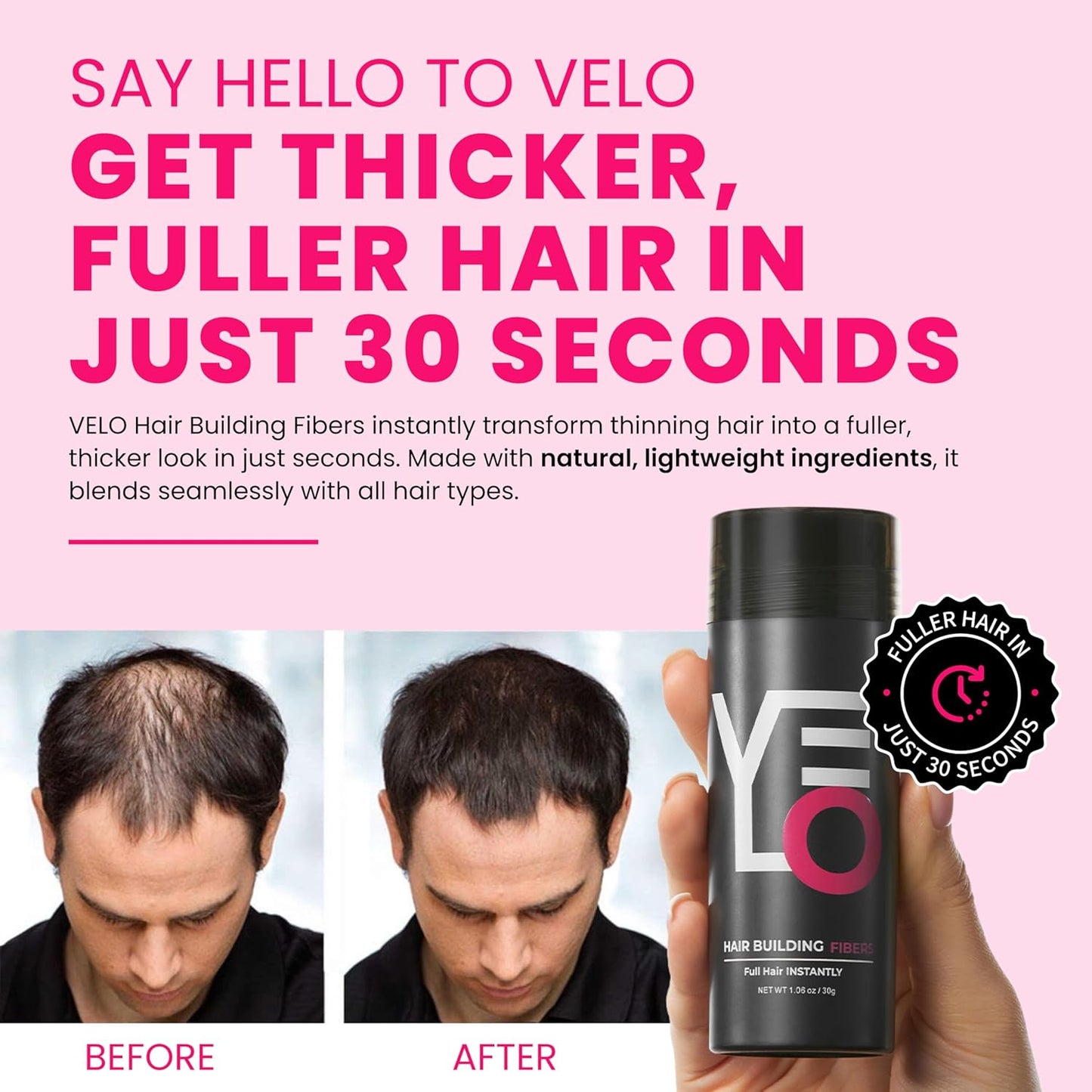 VELO Hair Building Fibers for Thinning Hair –LIGHT BLONDE Hair Fibers for Men & Women – Covers Bald Spots, Hairline Powder, Hair Thickening Fibers – Hair Filler Powder for Fuller-Looking Hair – 30g