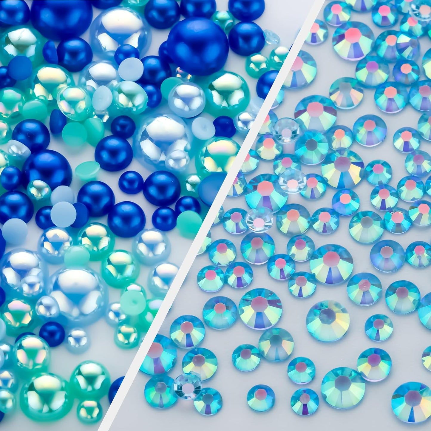 60g Cyan Blue Flat Back Pearls Rhinestones for Crafts Mixed Size 3mm-10mm AB Color Round Half Pearls Flatback Pearl Beads and Resin Rhinestones Set for Face Art with Glue
