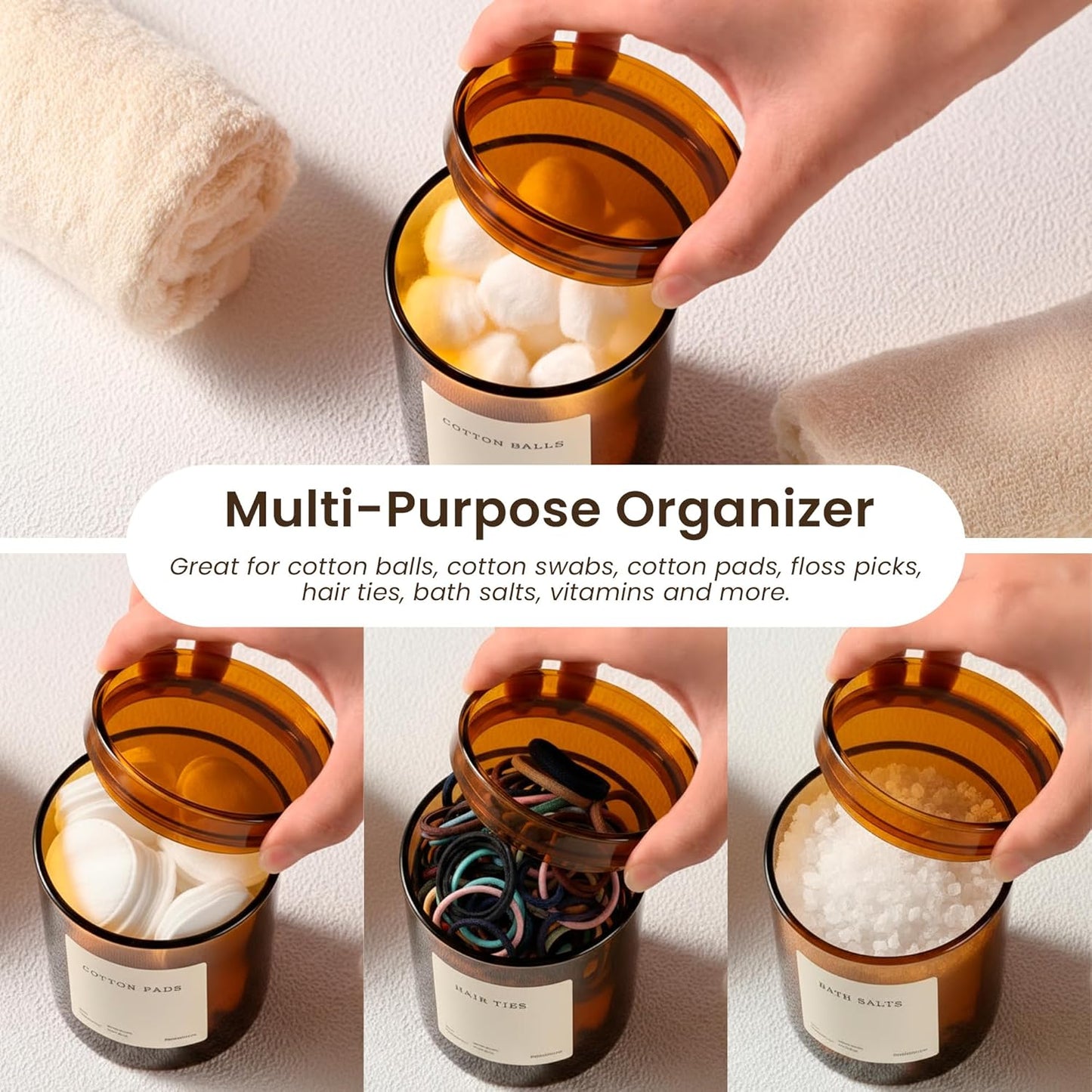 MaisoNovo Qtip Holder Bathroom Set – Airtight Glass Qtip Holder with Lid to Store Q Tips, Cotton Rounds, Cotton Balls, Floss Picks, Hair Ties with free labels pack - 2 Amber Jars with Glass Lids