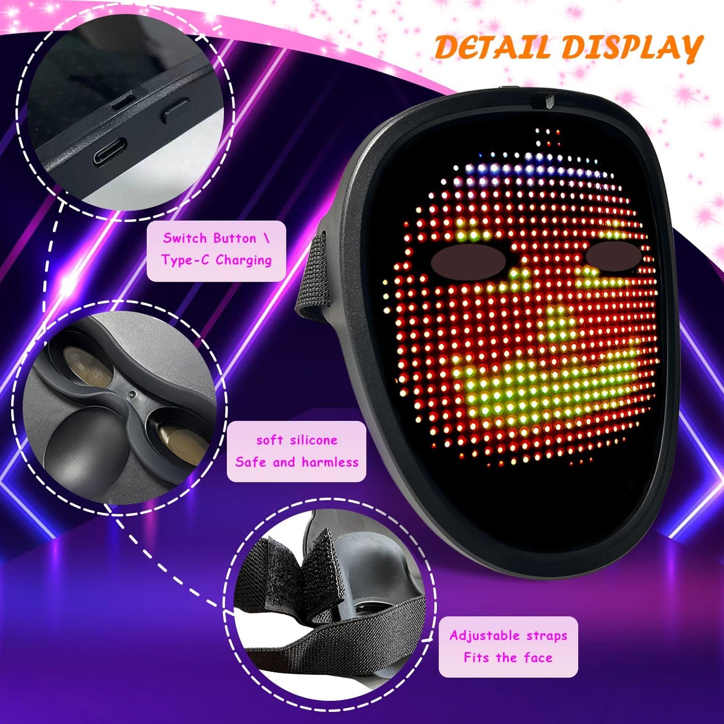 Led Mask with Gesture Sensing, Light up Face Transforming Mask for Halloween Xmas Costume Party