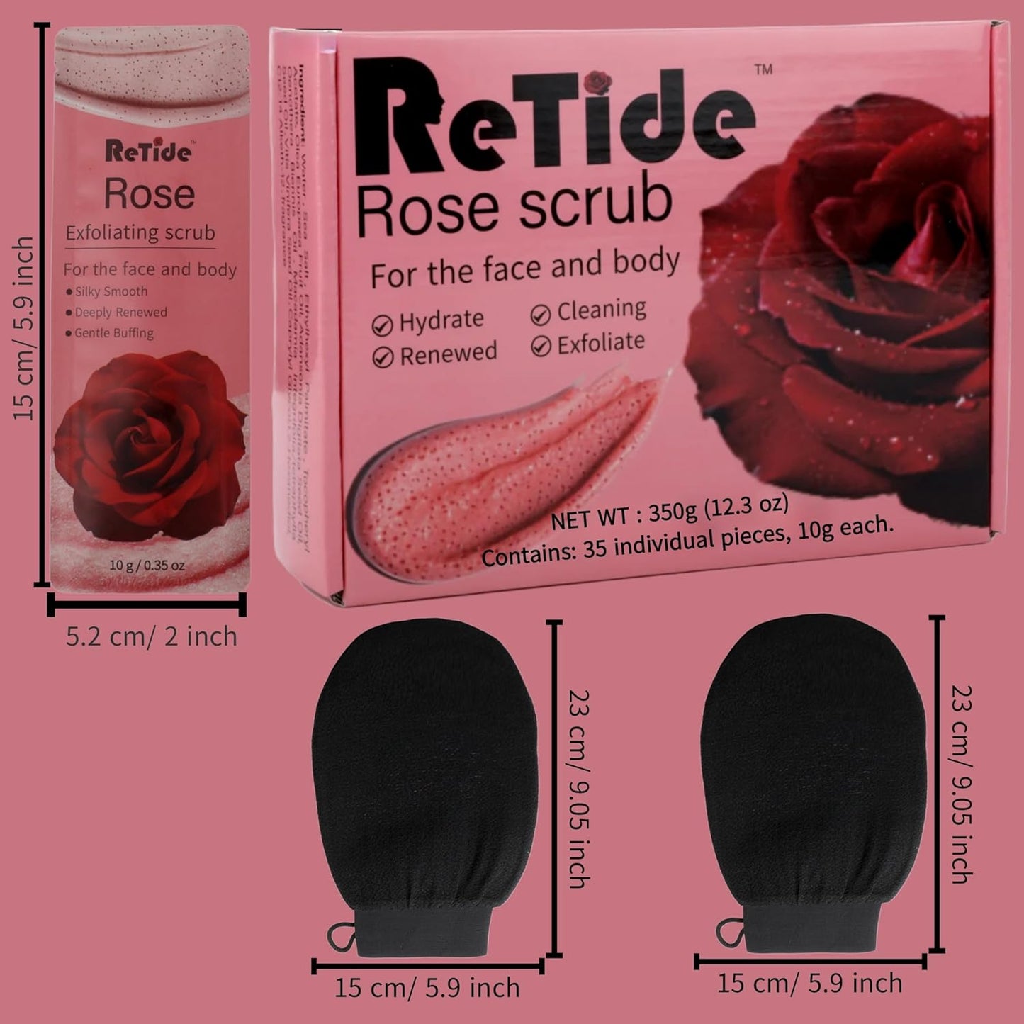 Rose Body Scrub Gift Set - 35 Packets & 2 Pcs Exfoliating Gloves,Exfoliating & Moisturizing Sugar Scrub for Face & Body, Self Care Gifts for Women