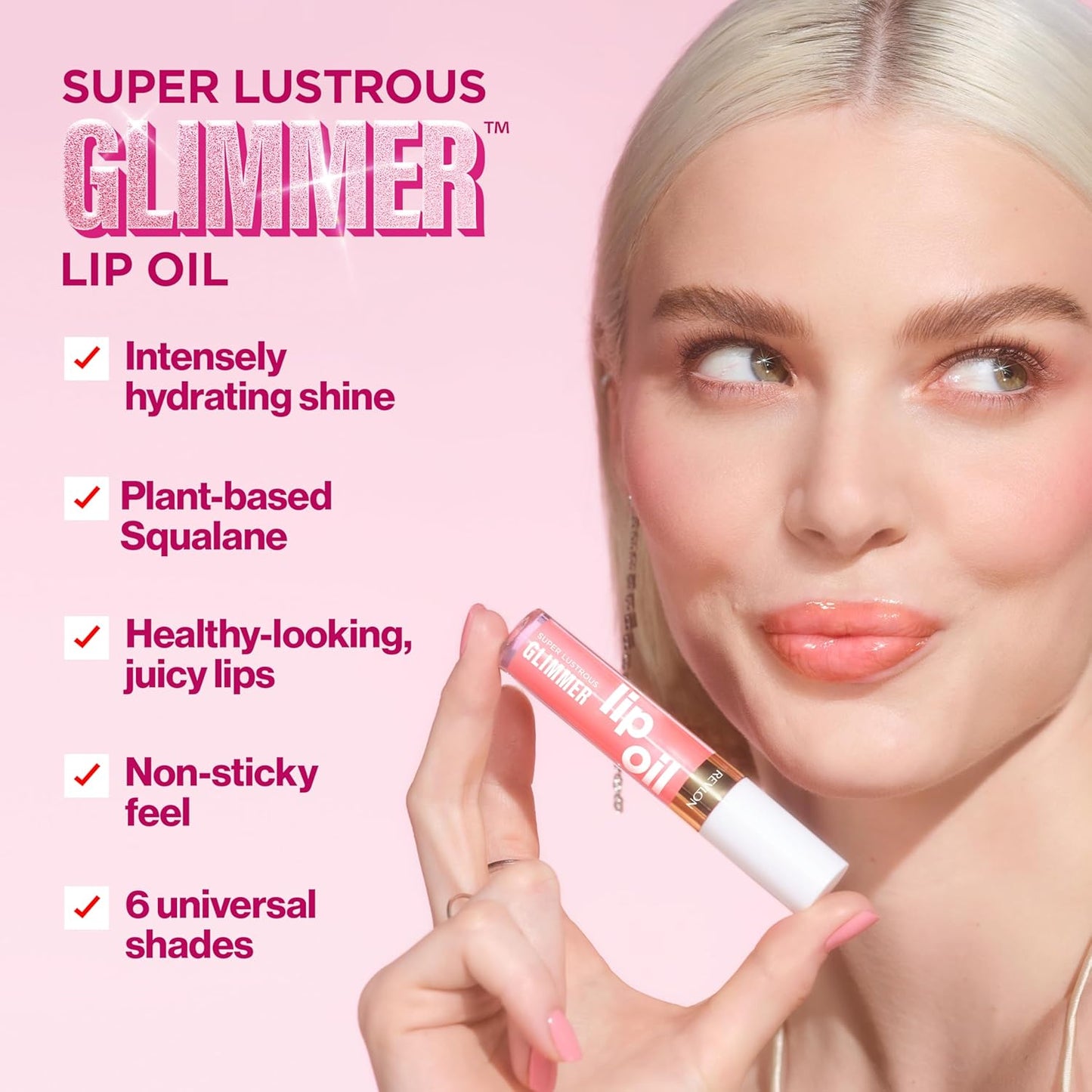 REVLON Super Lustrous Glimmer Lip Oil, Moisturizing & Tinted, Shiny Finish, Made with Plant-Based Squalane, 001 Candy Hearts, 0.13 fl oz