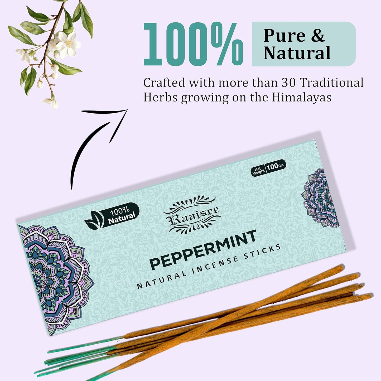 Peppermint Incense Sticks 100 gm Pack, Charcoal Free - 100% Natural,Organic Non Toxic Insence Sticks, Inscents Made with Flowers, Meditation Gifts for Spiritual Cleansing, Relaxation