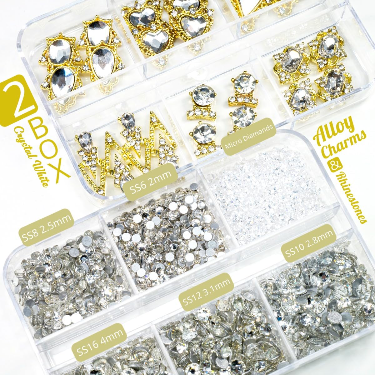 24pcs Crystal Silver Clear Luxury Nail Charms +2000pcs Crystal White Stones 3D Big Nail Gems K9 Glass Crystals Diamonds Jewels Alloy Nail Art Studs Supplies for Nails Face Makeup Crafts Clothes