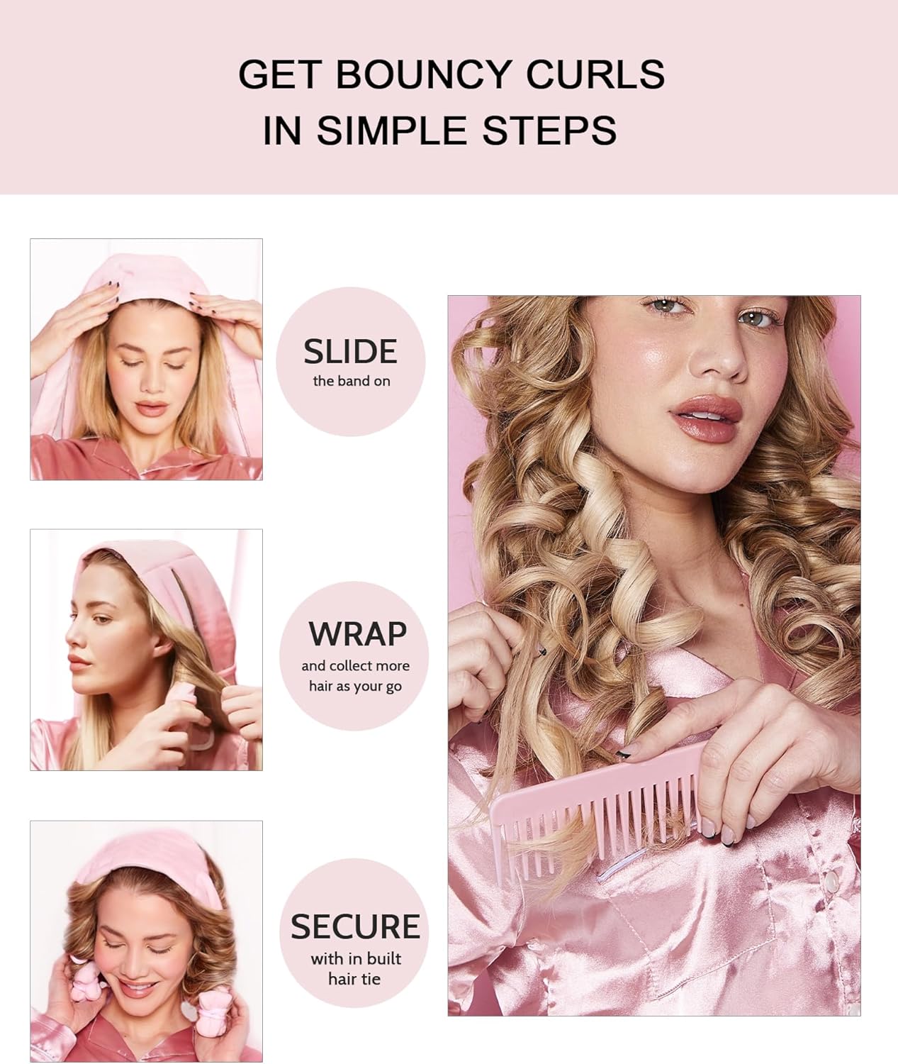 Heatless Hair Curler Curls Overnight Rods No Heat Hair Curlers to Sleep in, Soft Heatless Curling Ribbon Set with Clip Hair Rollers for Blowout Look Long Short Hair, Blush Pink