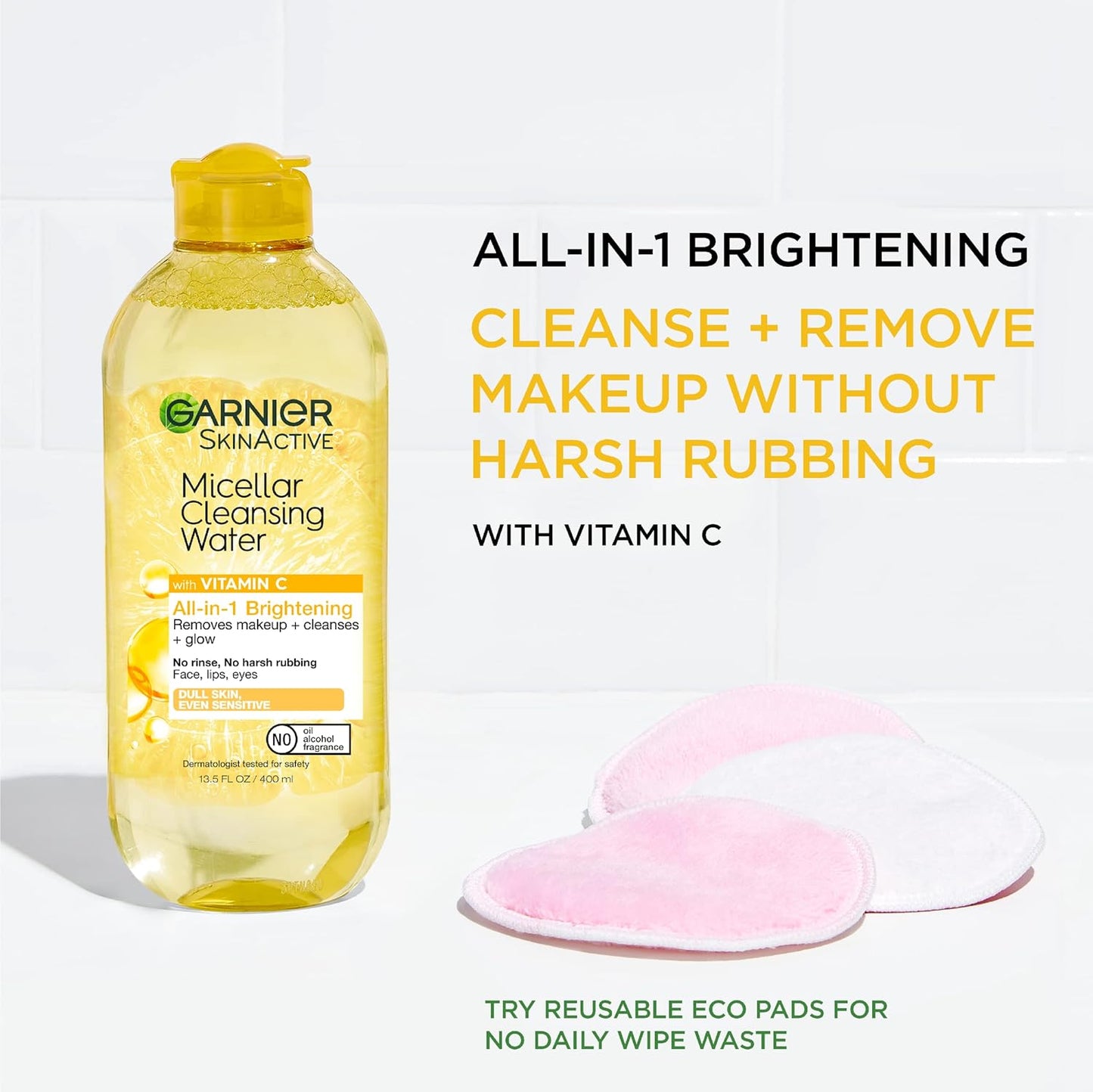 Garnier Micellar Water with Vitamin C, Facial Cleanser & Makeup Remover, Brightening & Hydrating, For All Skin Types, Vegan, Cruelty Free, 13.5 Fl Oz (400mL), 1 Count