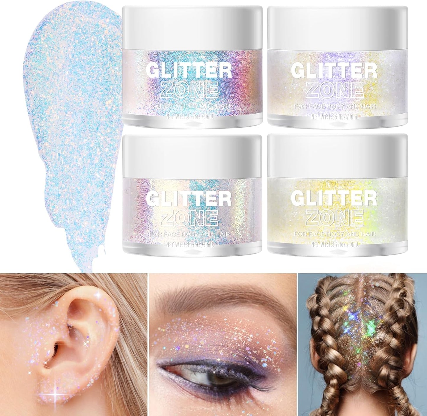 LANGMANNI Holographic Body Glitter Gel for Body, Face, Hair and Lip.Color Changing Glitter Gel Under Light. Vegan & Cruelty Free-1.35 oz (1# Golden Ocean+2# Sparkling Pink)
